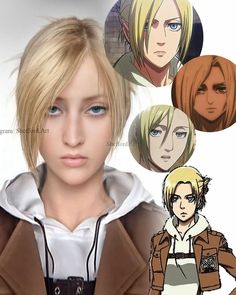 an anime character with blonde hair, blue eyes and brown hoodie is looking at the camera