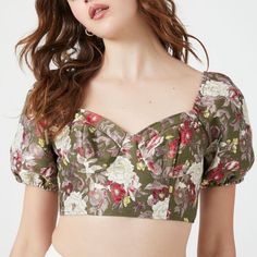 New With Tags. Never Worn. - Short Sleeve Floral Print Multicolor, Olive Green With Shiny Floral, White And Gold Contrast Back Zip Closure Rigid, Non Stretch Fabric Sweetheart Neckline With Bustier Cups Fully Lined Bodice 100% Polyester - Bust: 16" Length: 9" - 15% Off Bundles Of 3+ Items. Smoke-Free Home. - Questions? Please Ask! Fitted Floral Print Crop Top By Forever 21, Forever 21 Fitted Floral Print Crop Top, Fitted Forever 21 Floral Print Crop Top, Puff Sleeve Crop Top, Floral White, Jacquard Knit, Knit Crop Top, Knit Crop, Forever 21 Tops