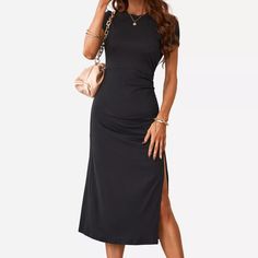 Women's Short Sleeve Ruching Bodycon Midi Dress - Cupshe : Target Fitted Bodycon Dress With Split Design, Fitted Bodycon Dress With Side Slits And Split Hem, Bodycon Sheath Midi Dress With Side Slits, Casual Fitted Bodycon Dress With Side Slits, Black Mid Length Dress, Mid Length Dress, Glam Party, Ceremony Dresses, Bodycon Midi Dress