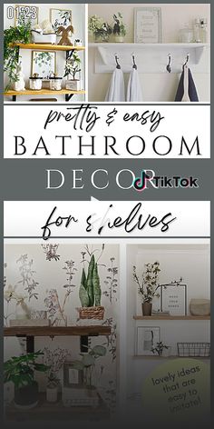 there are many different types of bathroom decor on this page, including plants and shelves