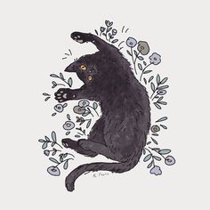 a drawing of a black cat sitting on its hind legs with flowers in the background