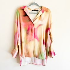 Zara Tie Dye Oversized Satin Effect Blouse | Beautiful Bright Colors To Stand Out Wherever You Go | The Fabric Is Soft And Smooth | 100% Polyester Flat Measurements: 27” Long Front 30” Long Back 9” V Neck 23” Wide 18” Long Sleeve Oversized Multicolor Summer Blouse, Oversized Floral Print Blouse, Yellow Long Sleeve Vacation Shirt, Oversized Multicolor Blouse For Fall, Zara Summer Blouse Relaxed Fit, Oversized V-neck Blouse For Spring, Oversized Blouse For Fall Vacation, Oversized Blouse For Vacation In Fall, Zara Multicolor Long Sleeve Blouse