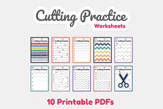 the 10 printable worksheets for cutting practice is shown in this image, and includes