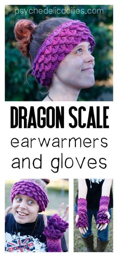 the dragon scale ear warmers and gloves are knitted in purple yarn, with text overlay