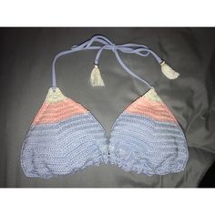 Beautiful, Pink, Blue, And White Crochet String Bikini With Tassles!!! Never Worn!!! Is Very Adjustable, Due To It Being A String Bikini Top Super Cute For Pictures Size Medium $12 Light Blue Beachwear Tops For The Beach, Light Blue Halter Neck Top For Beach, Beachy Fitted Multicolor Tops, Blue Summer Halter Top Bra Friendly, Pink Triangle Top For Beach Party, Blue Triangle Top For Beach Party, Blue Beachy Halter Top For Beach, Blue Triangle Halter Top For Beach, Blue Triangle Top For Festivals