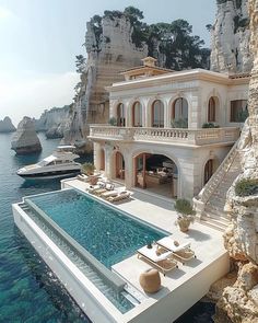 a large house with a swimming pool in front of it next to the ocean and cliffs