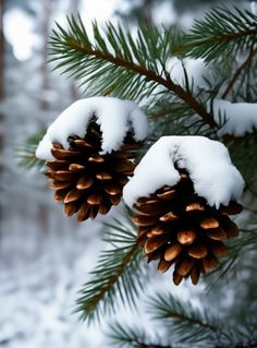 two pine cones are covered in snow