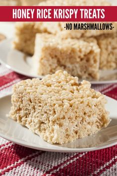 honey rice krispy treats on plates with text overlay