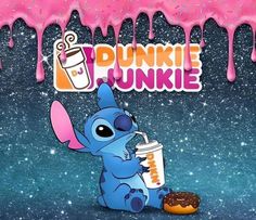 an image of a cartoon character holding a milkshake and dunkin'donuts