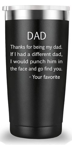 a black coffee cup with the words dad on it