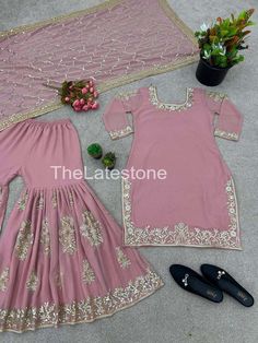 Launching New Designer Party Wear Look Fancy Top-Dupatta and Fully Stitched Gharara *Fabric Detail* Top *Top Fabric *         :Heavy Faux Georgette With *Embroidery Sequence Work with Sleeve and Heavy Lace Work* *Top Inner*  :Heavy Micro Cotton  *Top Length*       : 36-38 *Top Size*.            :  *M(38), L(40), XL(42), XXL(44) *(Fully Stitched Complete Ready To Wear)* 💃👚 *Gharara *Gharara Fabrics* :Heavy Faux Georgette With Heavy Embroidery Sequence Work  *Gharara Length*:40-41 Inch *(fully stitched)* 💃👚 *Dupatta* 👚💃 *Dupatta Fabric * :Heavy Faux Georgette With *Heavy Embroidery Sequence Work With Lace Border* Country of origin : India Fitted Anarkali Sharara With Gota Work, Fitted Sharara With Gota Work For Eid, Fitted Mirror Work Sharara For Eid, Pink Chinon Palazzo Set For Wedding, Eid Mirror Work Fitted Sharara, Fitted Sharara With Mirror Work For Eid, Fitted Gota Work Palazzo Set For Wedding, Fitted Chinon Sharara For Eid, Diwali Fitted Sharara With Gota Work