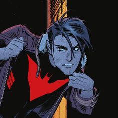 an animated image of a man with long hair wearing a red shirt and black jacket