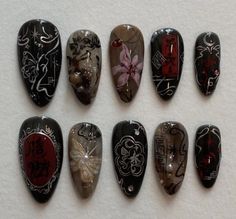 Dark Forest Nails, Moody Nails Grunge, Berserk Nail Art, Grunge Fairycore Nails, Gothcore Nails, Vkei Nail, Punk Nails, Grunge Nails, Soft Nails