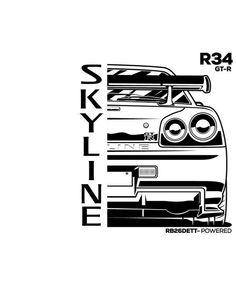 the front end of a car that is in black and white, with the words skyline on it