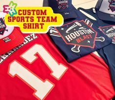 baseball caps and shirts are on display with the words custom sports team shirt above them