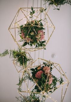 two hanging planters with pink flowers on them