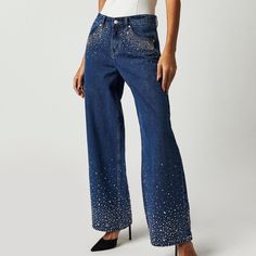 New W/O Price Tag Is An Overstock Outlet (Has Black Line Going Thru Cloth Label Name To Prevent Store Return) Authentic Milk It Jeans - Ziggy Embellished Jeans - Size 14; Measures Approx. 34" Waist, 43" Hips, 42" Length, 31" Inseam, 11.5" Rise -Sparkle And Shine With Every Wear In These Bejeweled Jeans From Milk It. Fit: Mid-Rise, Relaxed Wide-Leg Silhouette Features: Zip Fly And Button Closure, Five-Pocket Design, Semi-Rigid Denim, Rhinestone Embellishments Throughout Milk It With A Focus On Su Embellished Pants For Fall, Embellished Blue Bottoms For Night Out, Straight Leg Denim Sequined Bottoms, Straight Leg Denim Bottoms With Sequins, Sequined Straight Leg Denim Bottoms, Embellished Wide Leg Summer Bottoms, Glamorous Straight Leg Denim Bottoms, Embellished Wide Leg Bottoms For Summer, Summer Evening Bottoms With Rhinestones