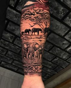 Savana Tattoo Jungle Half Sleeve Tattoo, Safari Theme Tattoo Sleeve Women, Safari Leg Tattoo, Animal Tattoo Leg Sleeve, Safari Tattoo Sleeve Women, Africa Sleeve Tattoo, Upper Thigh And Hip Tattoo