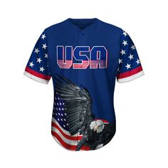 a baseball jersey with an eagle on the front and american flag on the back, all over print