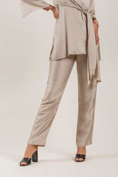 Elegant Beige Silk Pants, Chic Beige Silk Bottoms, Elegant Belted Beige Bottoms, Summer Beige Pant Set, Elegant Beige Pants For Loungewear, Chic Beige Belted Pants, Elegant Beige Sets For Summer, Elegant Beige Summer Sets, Beige Summer Sets With Straight Pants