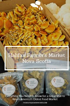 several boxes filled with different types of food and the words halifax farmer's marketnovaa