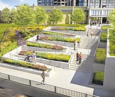 an artist's rendering of a city park with people walking and sitting on benches