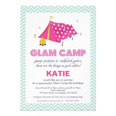 Glam Camp Makeover Girls Birthday Invitation Card Camping Birthday Party Invitations, Makeover Party, Glamping Party, Birthday Invitation Card