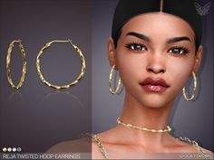 an image of a woman wearing gold hoop earrings and necklace with chains around her neck