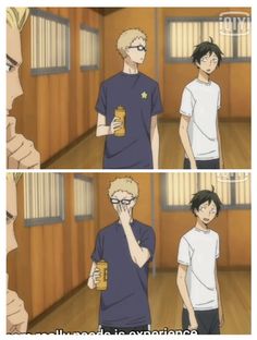 an anime scene with two men talking to each other and one is holding a bottle