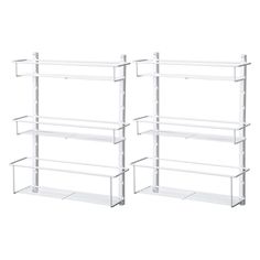 two white shelvings with shelves on each side