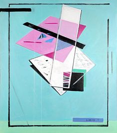 an abstract painting with blue, pink and black colors on the bottom half of it