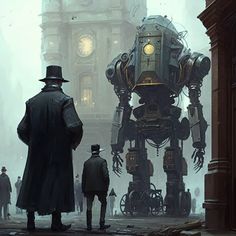 a group of people standing next to a giant robot in the middle of a city