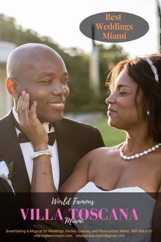 a man and woman standing next to each other in front of a sign that says best wedding miami