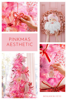 the pink christmas tree is decorated with ornaments