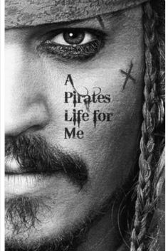 pirates life for me movie poster with pirate face and cross on his forehead, in black and white