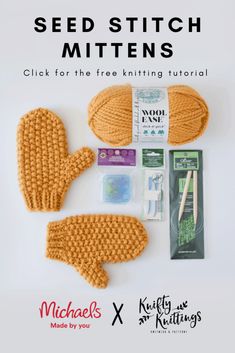 knitted mittens and knitting kit with text that reads seed stitch mittens click for the free knitting pattern