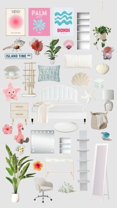 a collage of different types of furniture and decor in pink, white and blue