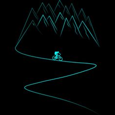 a person riding a bike on a road with mountains in the background at night time