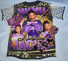 a t - shirt with an image of two women in purple and gold on it