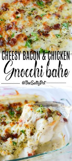 cheesy bacon and chicken grouch bake in a glass casserole dish