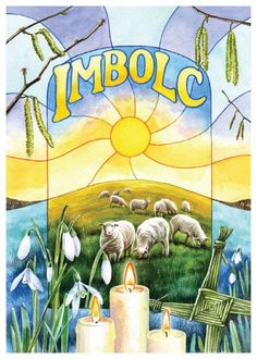 an image of a painting with candles and flowers in front of the words imbolc