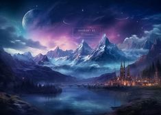 a castle in the middle of a mountain range under a night sky with stars and clouds