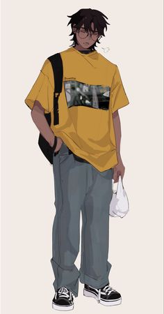 a drawing of a man in a yellow shirt and grey pants holding a white bag