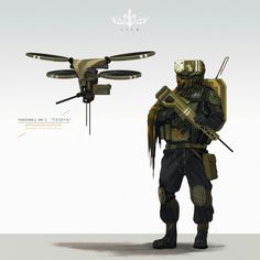 an artist's rendering of a soldier with a remote control plane in the background