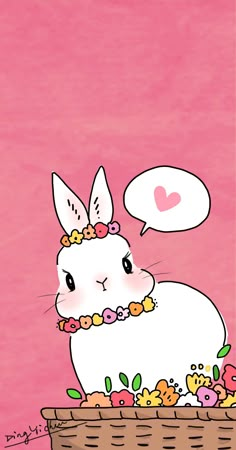 a white rabbit with flowers in its mouth and a speech bubble above it that says i love you