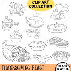 thanksgiving clip art collection with turkeys, pies and other food items on it