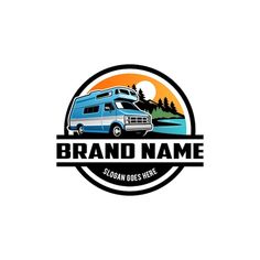 an rv logo with the words brand name and a camper van in the background