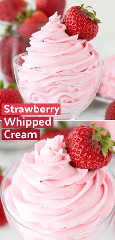 strawberry whipped cream in a glass bowl with two strawberries on the top and bottom