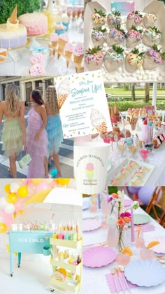 a collage of photos with different desserts and decorations on display at an outdoor event