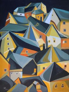 an abstract painting of houses with blue roofs and yellow windows in the foreground, against a black background